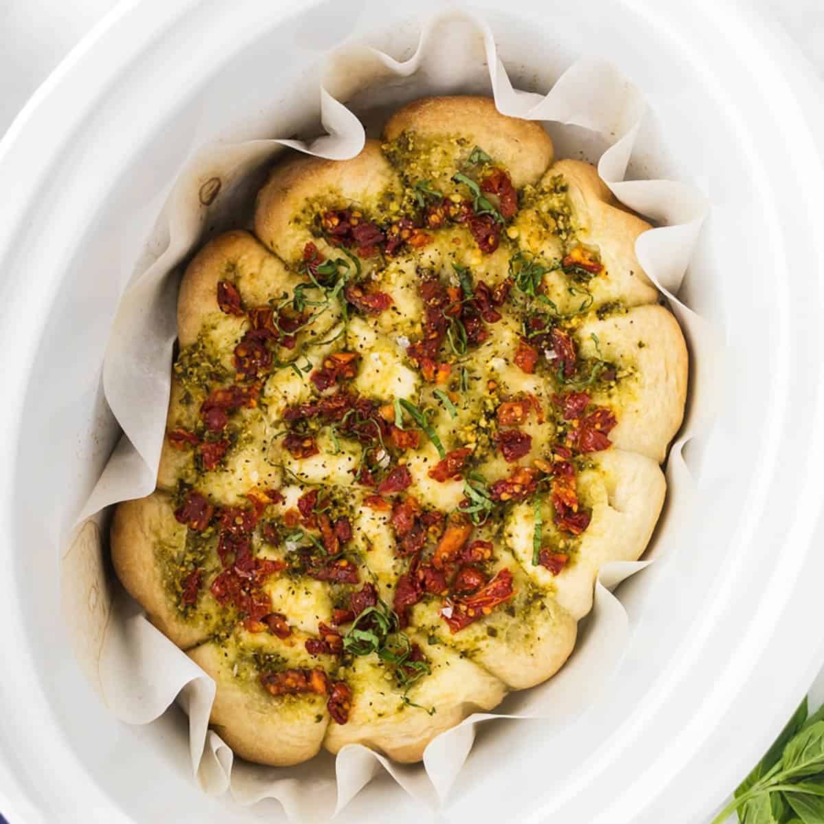 Freshly baked focaccia bread in the slow cooker.