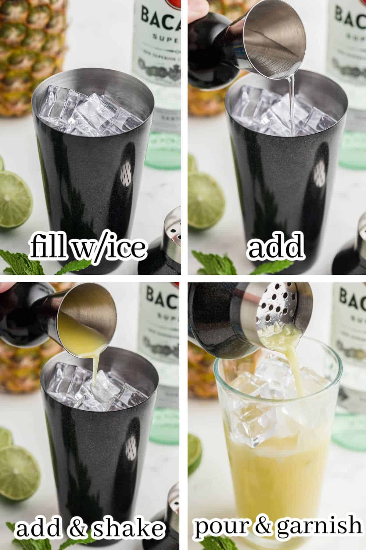 Step-by-step instructions to make the cocktail recipe. With print overlay for clarification.