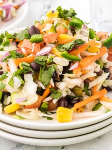 Crunchy Mexican Coleslaw Recipe piled high on a plate.