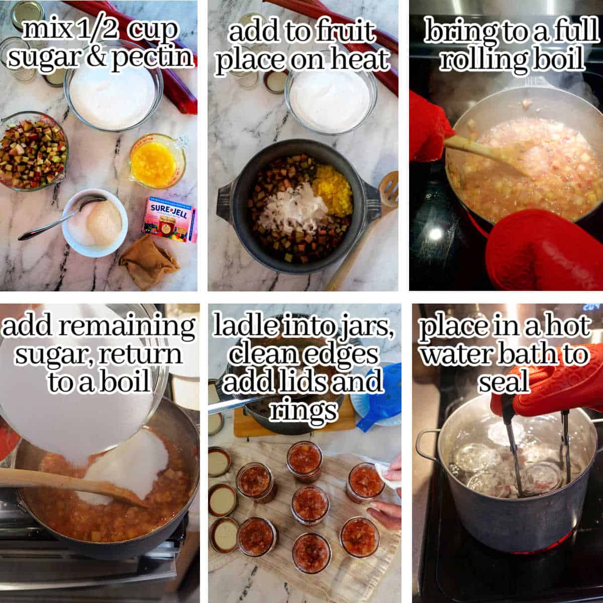 Step-by-step instructions to make the homemade jam. With print overlay instructions over each photo.