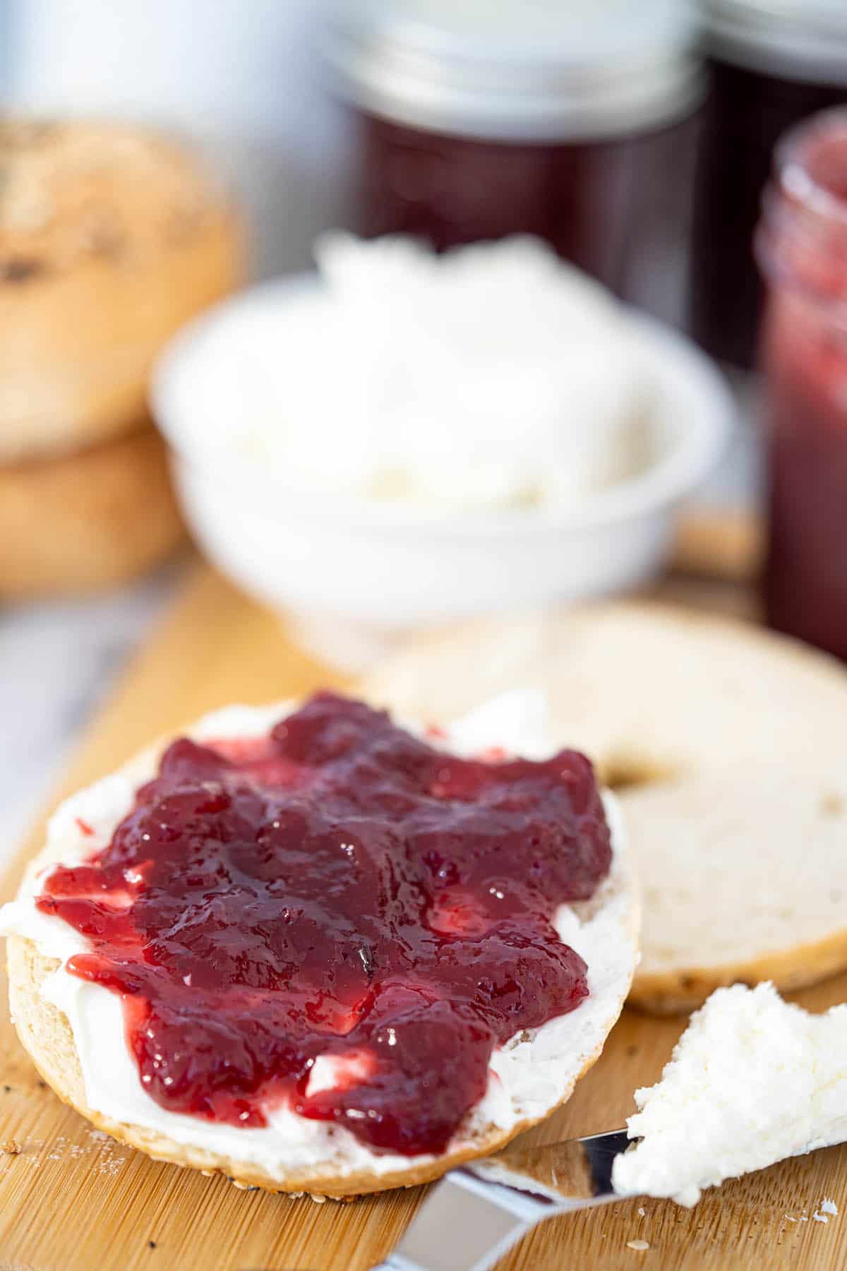 Cherry Jubilee Cherry Jam on a bagel with cream cheese.