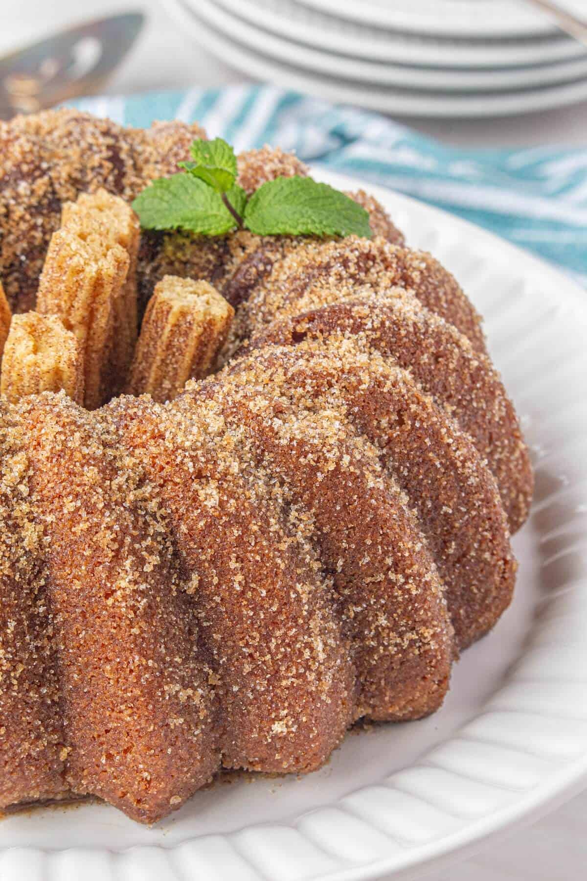 Churros Bundt Cake on a cake plate. With several churros placed in the middle.