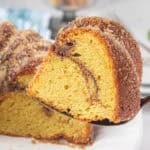 Tender yellow cake topped with cinnamon sugar streudel.