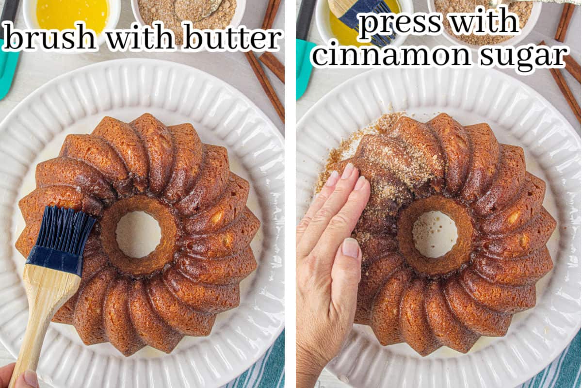 Melted butter being brushed on a bundt cake with a second photo of cinnamon sugar mixture being pressed into the cake.