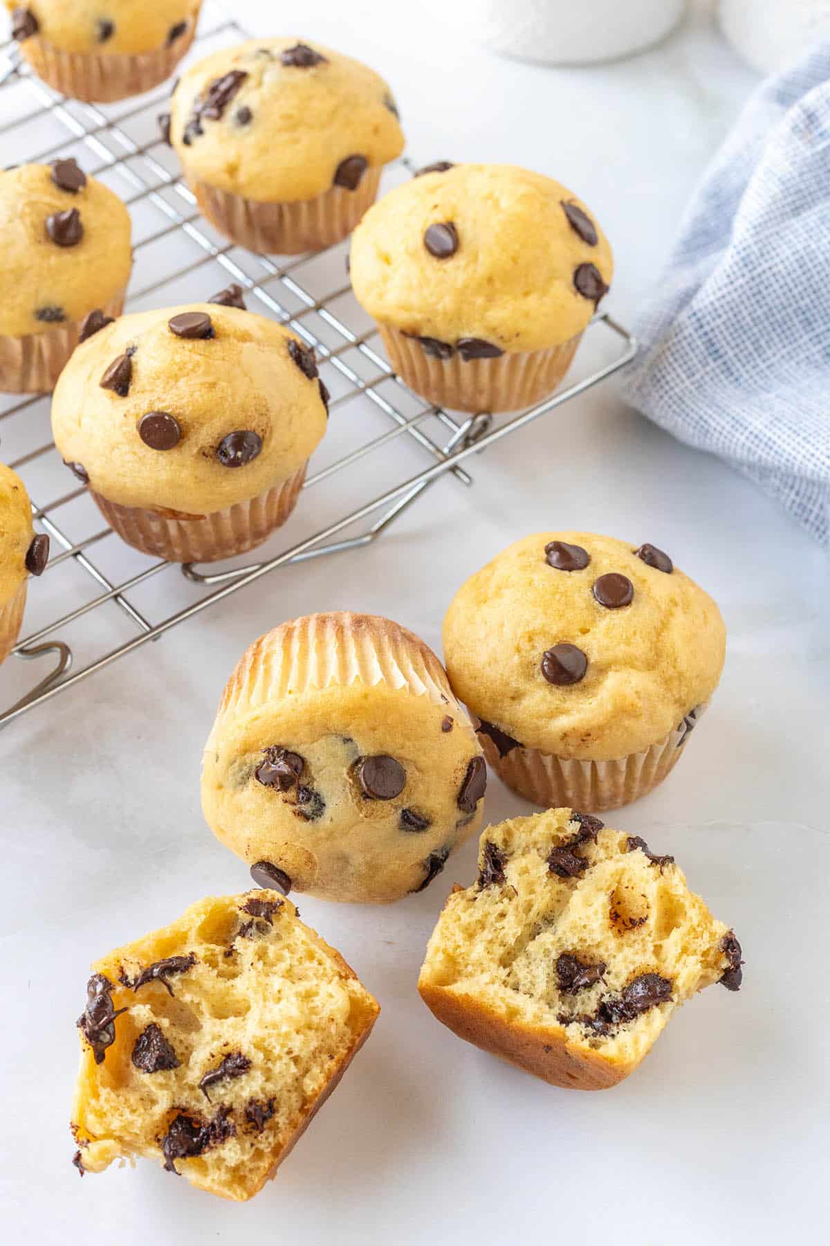 Chocolate Chip Muffins on a cooling rack.