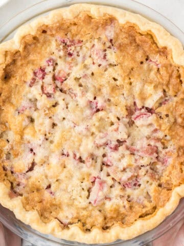 An overhead photo of a rhubarb cream pie.