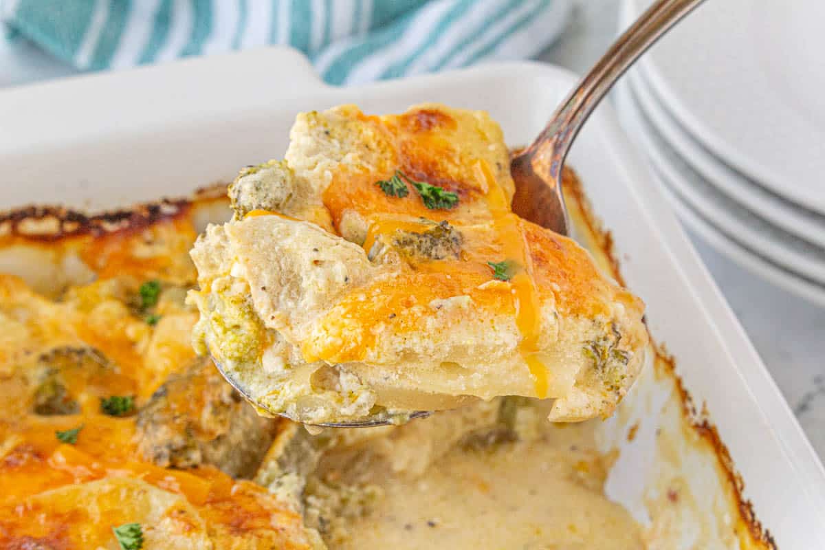 A spoon scooping out a large serving of chicken potato broccoli casserole from a baking dish.