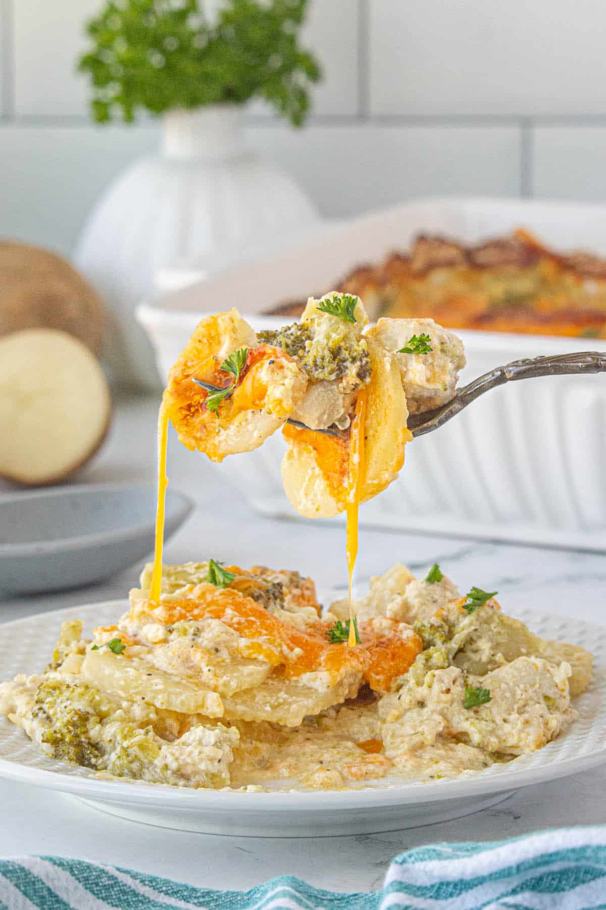 Cheesy chicken and potato casserole on a plate with a fork taking a big bite, with a cheesy stretch.