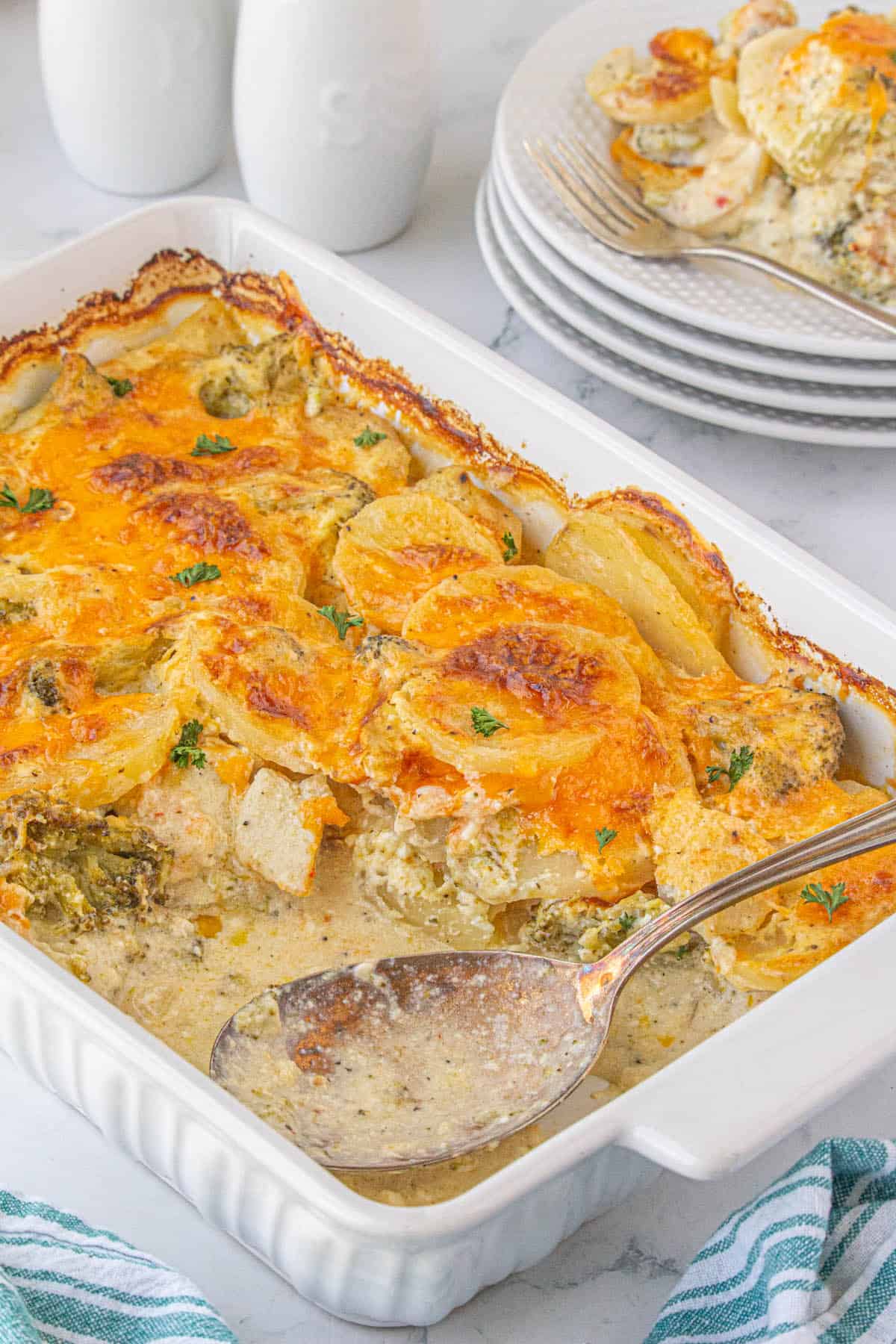 Chicken Broccoli Potato Casserole in a baking dish.