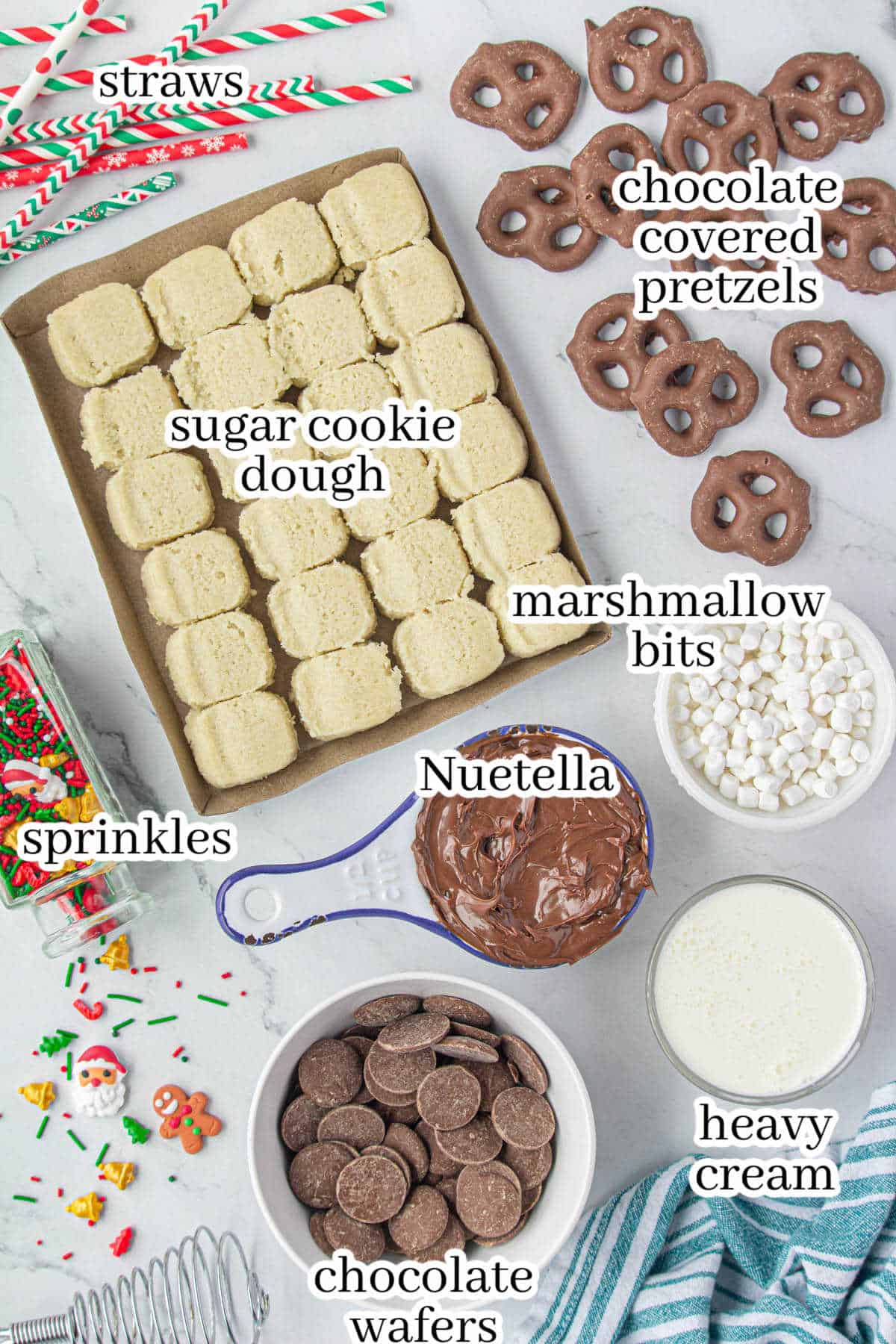 Ingredients needed to make the Christmas cookie recipe, with print overlay for clarification.