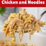 Crockpot Chicken and Noodles with a serving spoon taking a big scoop. With print overlay for Pinterest.