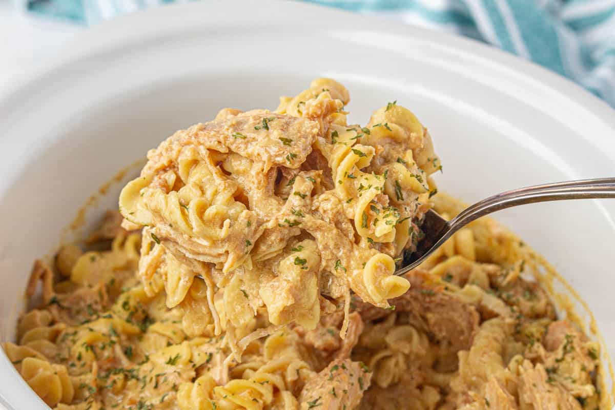 Chicken and noodles in a crockpot with a serving spoon taking a big scoop.