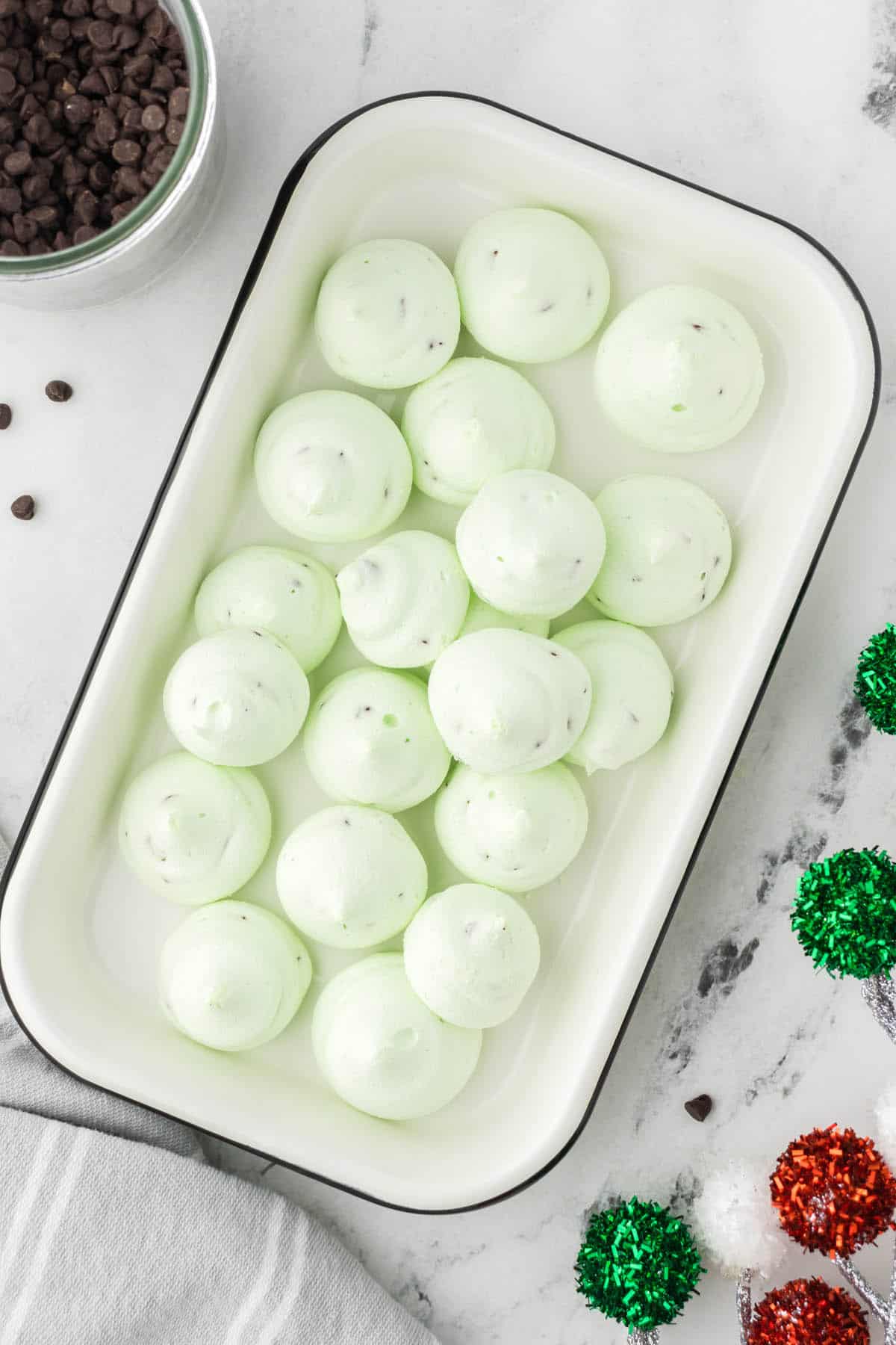 A platter of Mint Chocolate Chip Cookies on a platter.