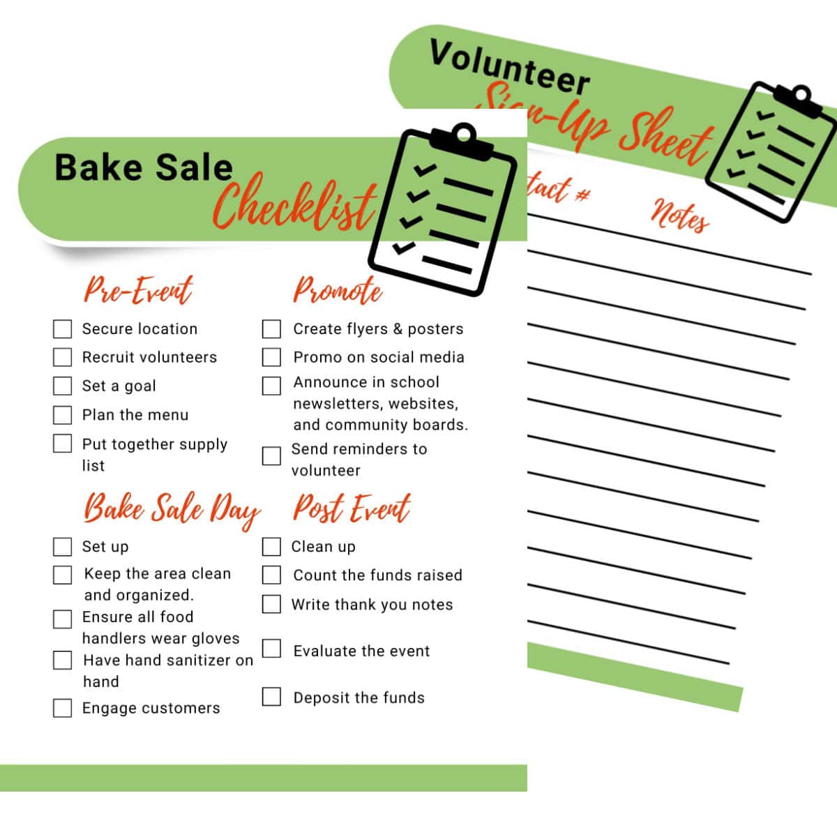 Checklist and Sign Up Sheet for Fundraiser Bakesale.