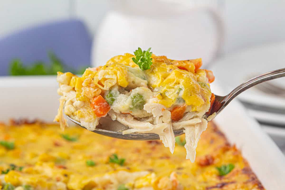 A spoon with a serving of chicken casserole from nearby a baking dish.