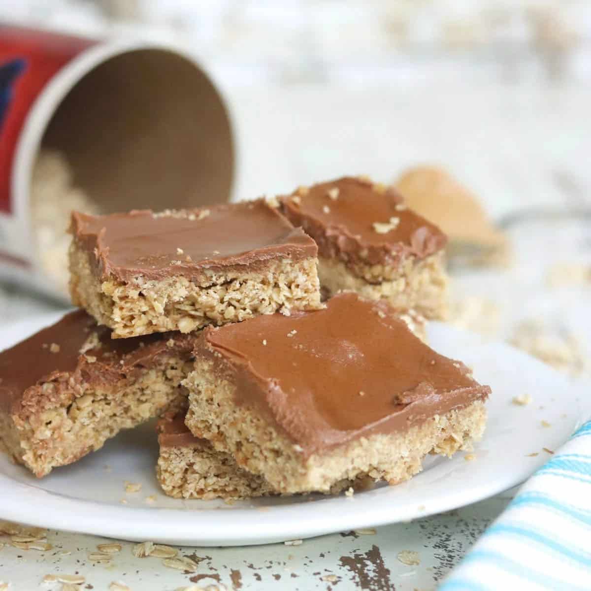 A plate piled with Oh Henry Bars. 