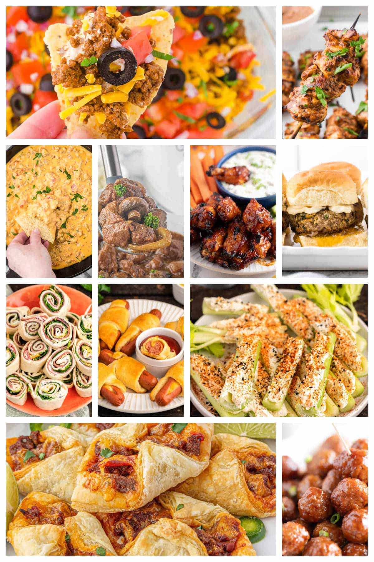 Photos of Tailgating Party Food Ideas including tacos, meatballs, stuffed celery, pigs in a blanket, cheesy dips and sausage bites.