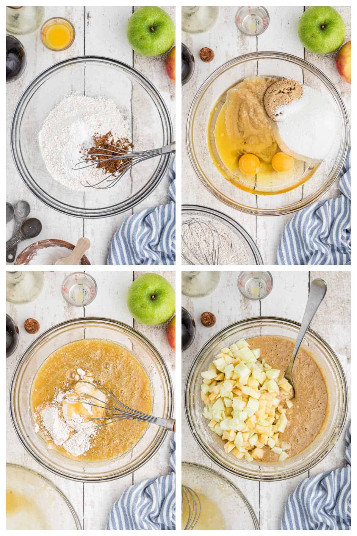 Step-by-step instruction to make the cake recipe. Mixing together the dry and wet ingredients. Combining and folding in the apples.