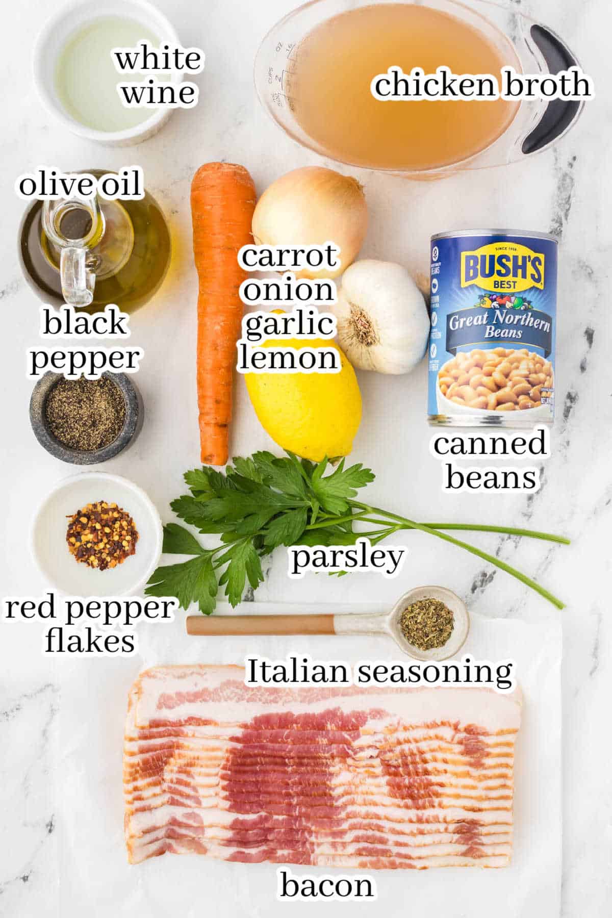 All of the ingredients needed to make the soup recipe. With print overlay for clarification.