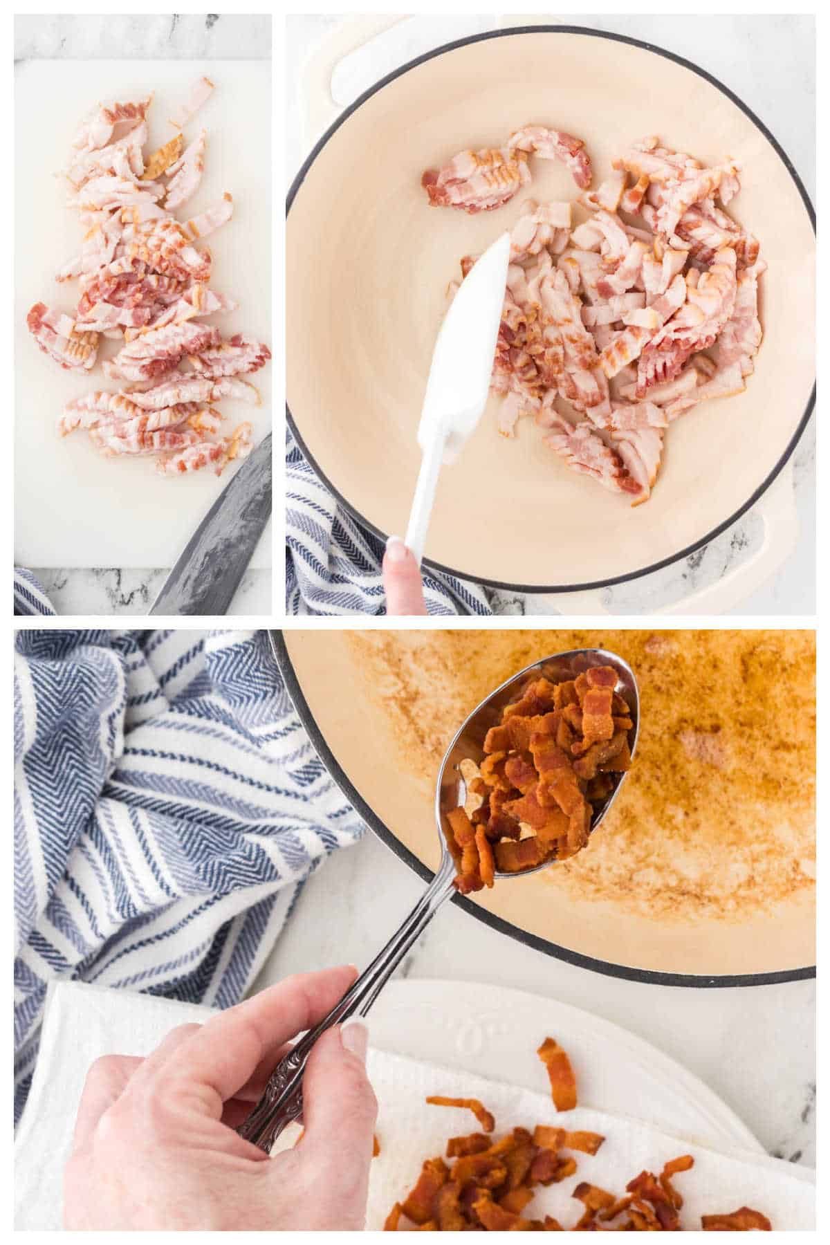 Bacon being sliced, and cooked until crispy, then removed from the pan.