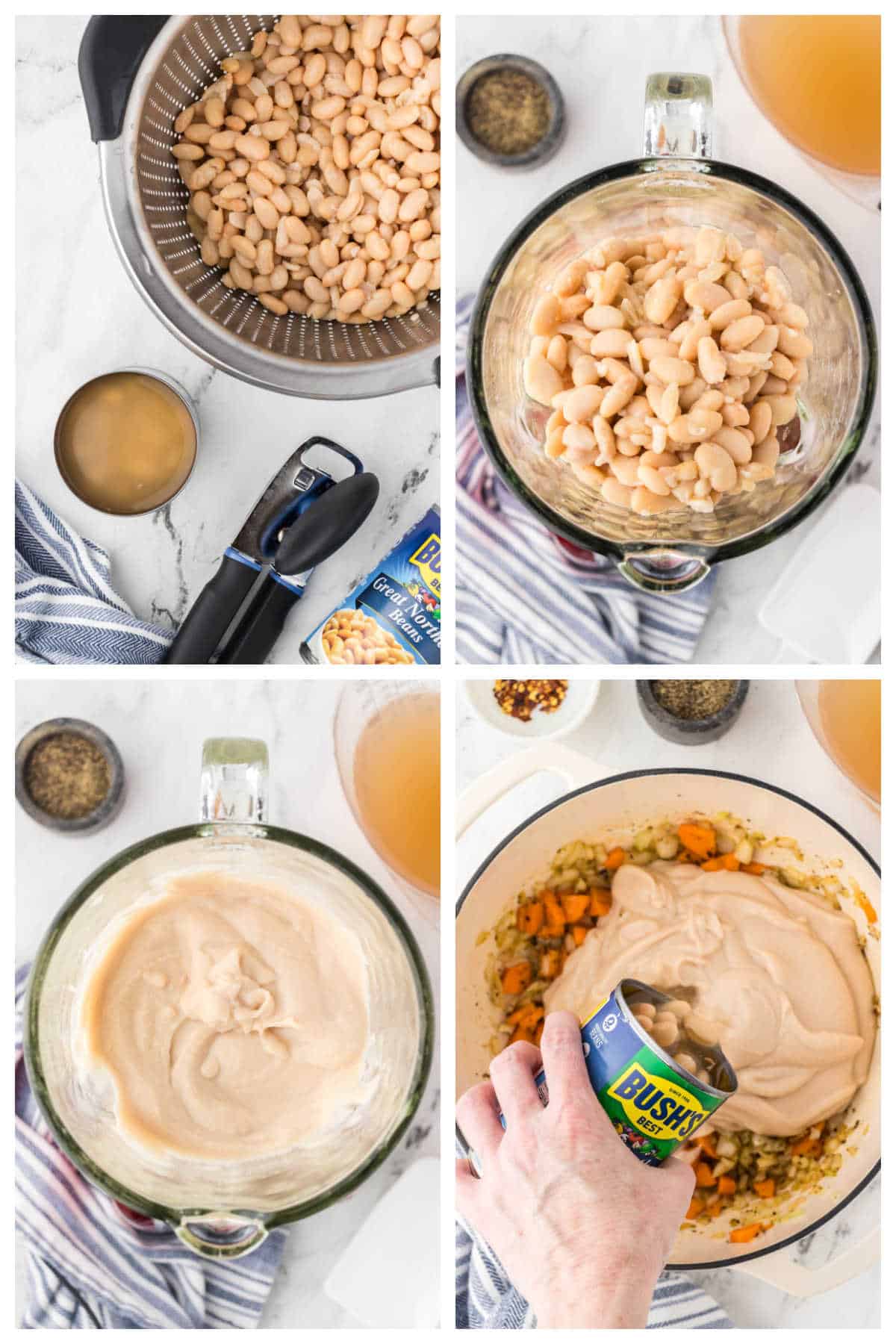 Beans being drained in a colander. Then some of the beans are placed in a blender and blended until smooth. The blended beans have been poured into sauteed vegetables, topped with the remaining cans of soup.