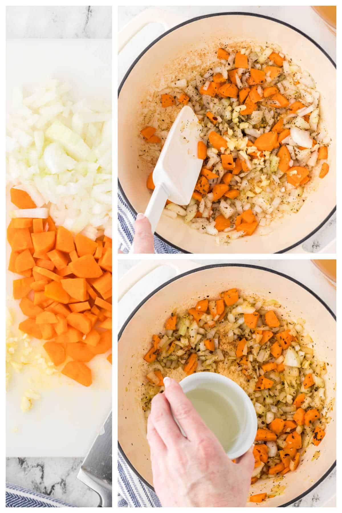 Vegetables being diced, then sautéed. They have been softened and seasoned. The pan is being deglazed with white wine.