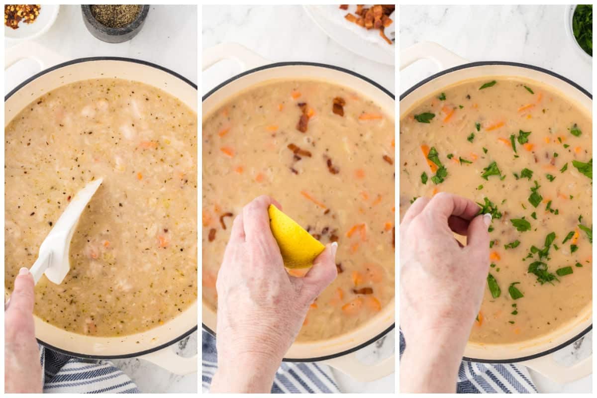 Soup simmering on the stove. It's being topped with freshly squeezed lemon and is finished with minced parsley.