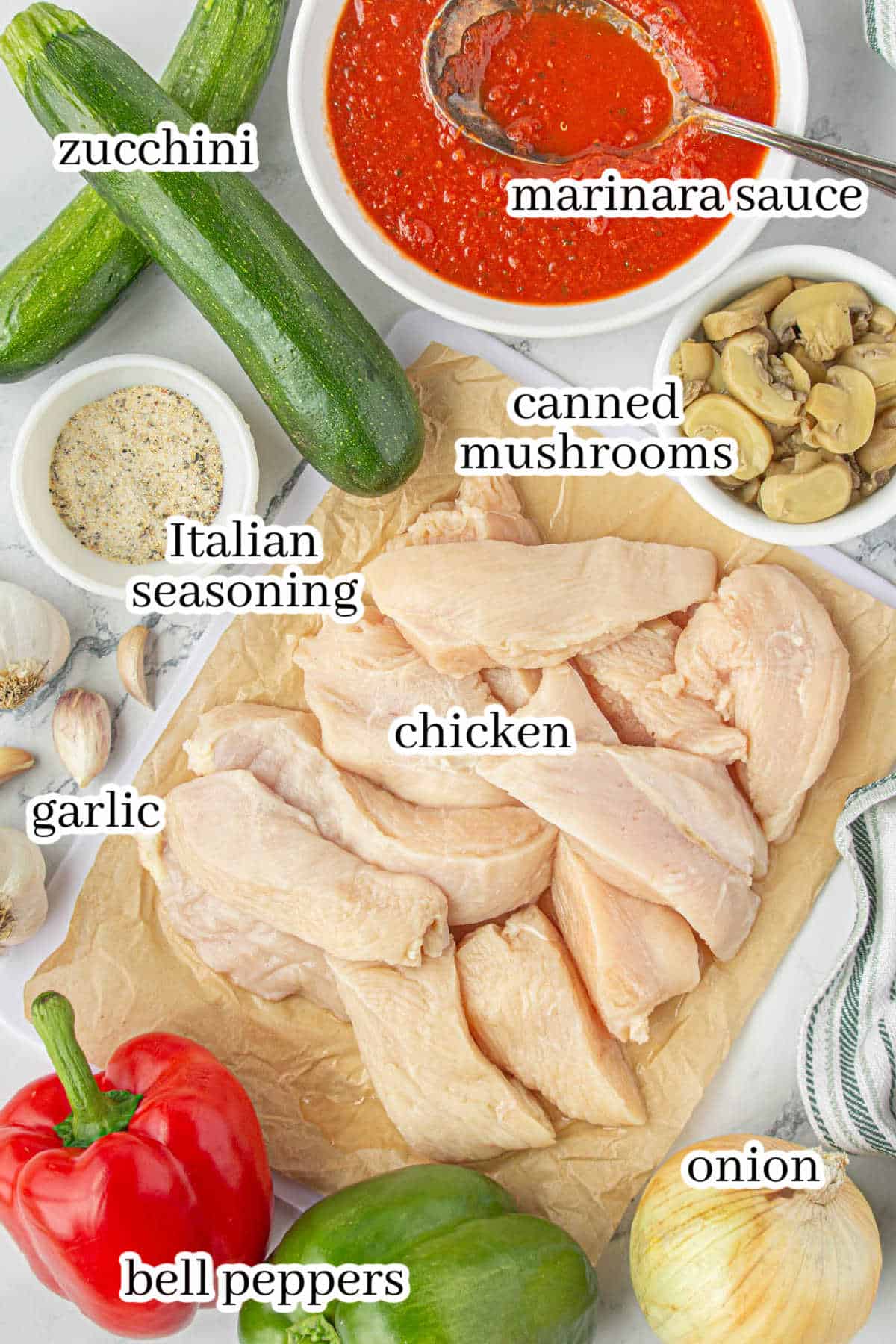 All of the ingredients needed for the crockpot chicken cacciatore. With print overlay for clarification.