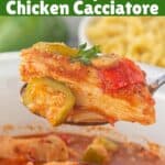 A crockpot filled with chicken cacciatore, with a spoon scooping out a serving.