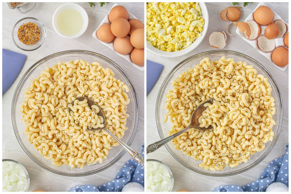 Cooked macaroni in a bowl being seasoned with Montreal steak seasoning.