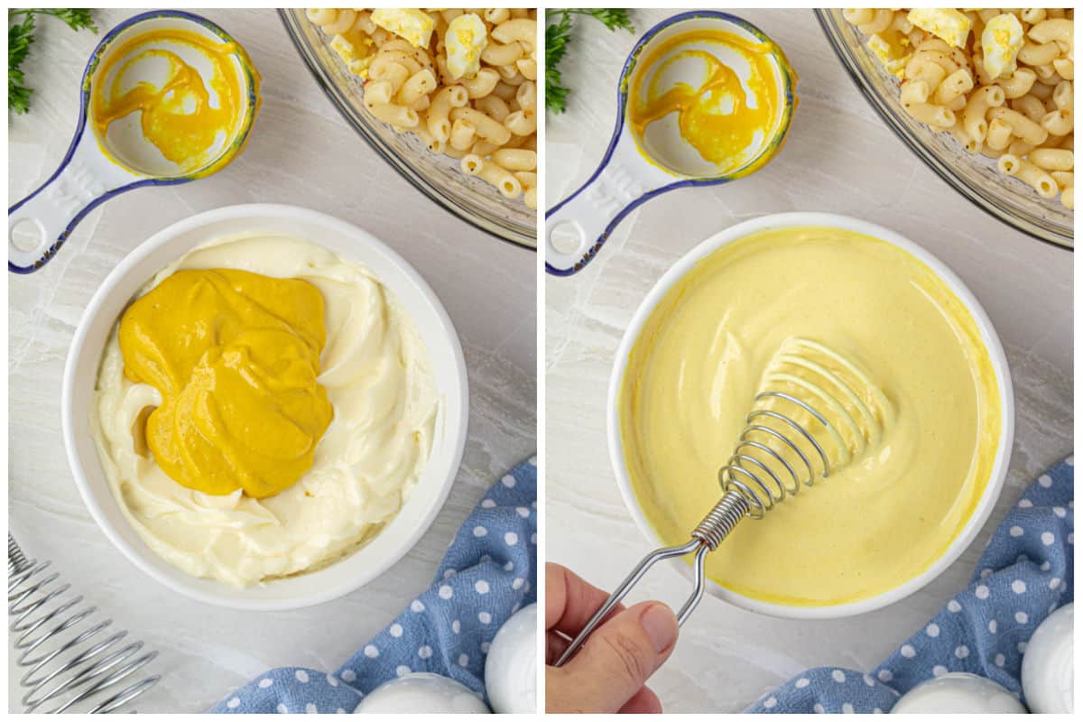 Mayonnaise and mustard in a bowl being whisked together until it is lusciously creamy.