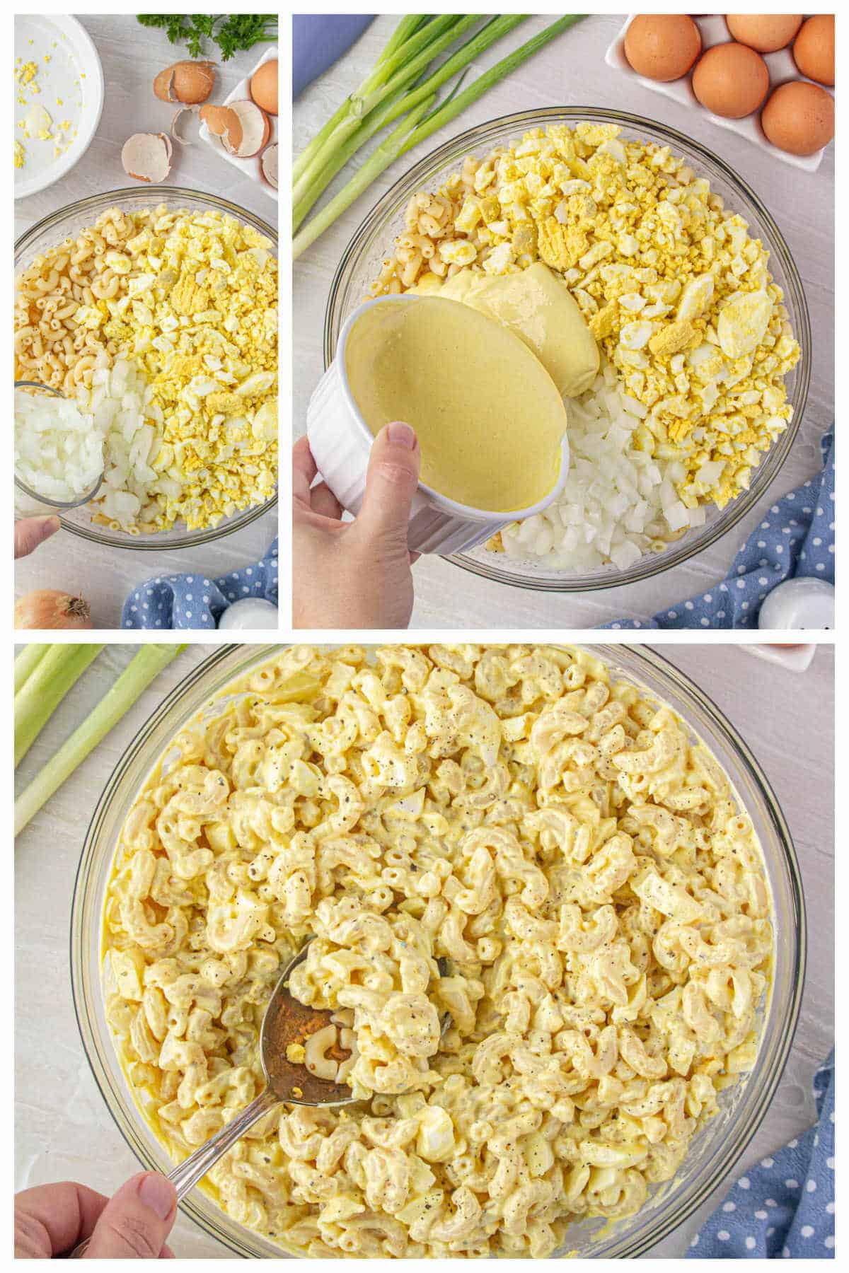 A large bowl filled with pasta and chopped eggs. Onions are added to the bowl, then a creamy sauce. Finally the pasta salad is stirred together combining the sauce and ingredients.