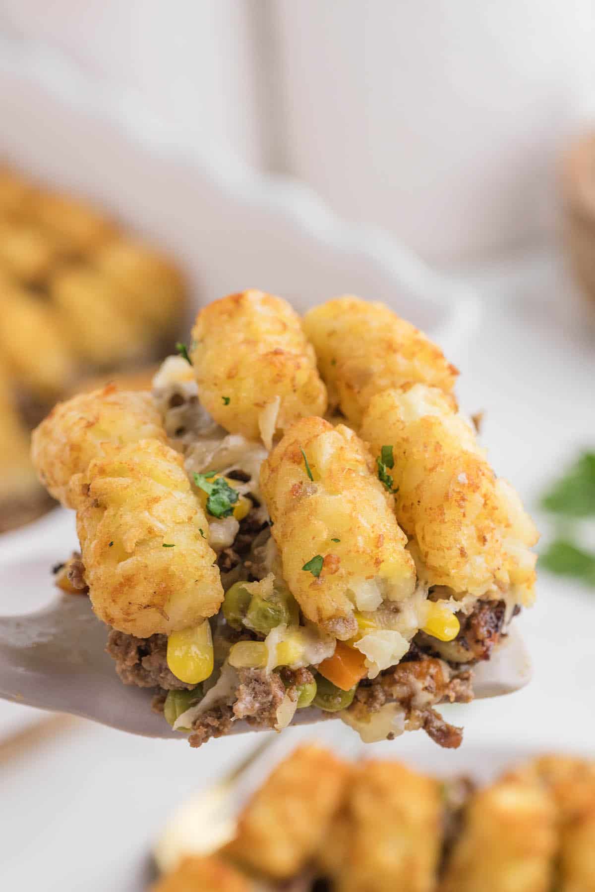 A serving of Ground Beef Tater Tots being served on a spatula.