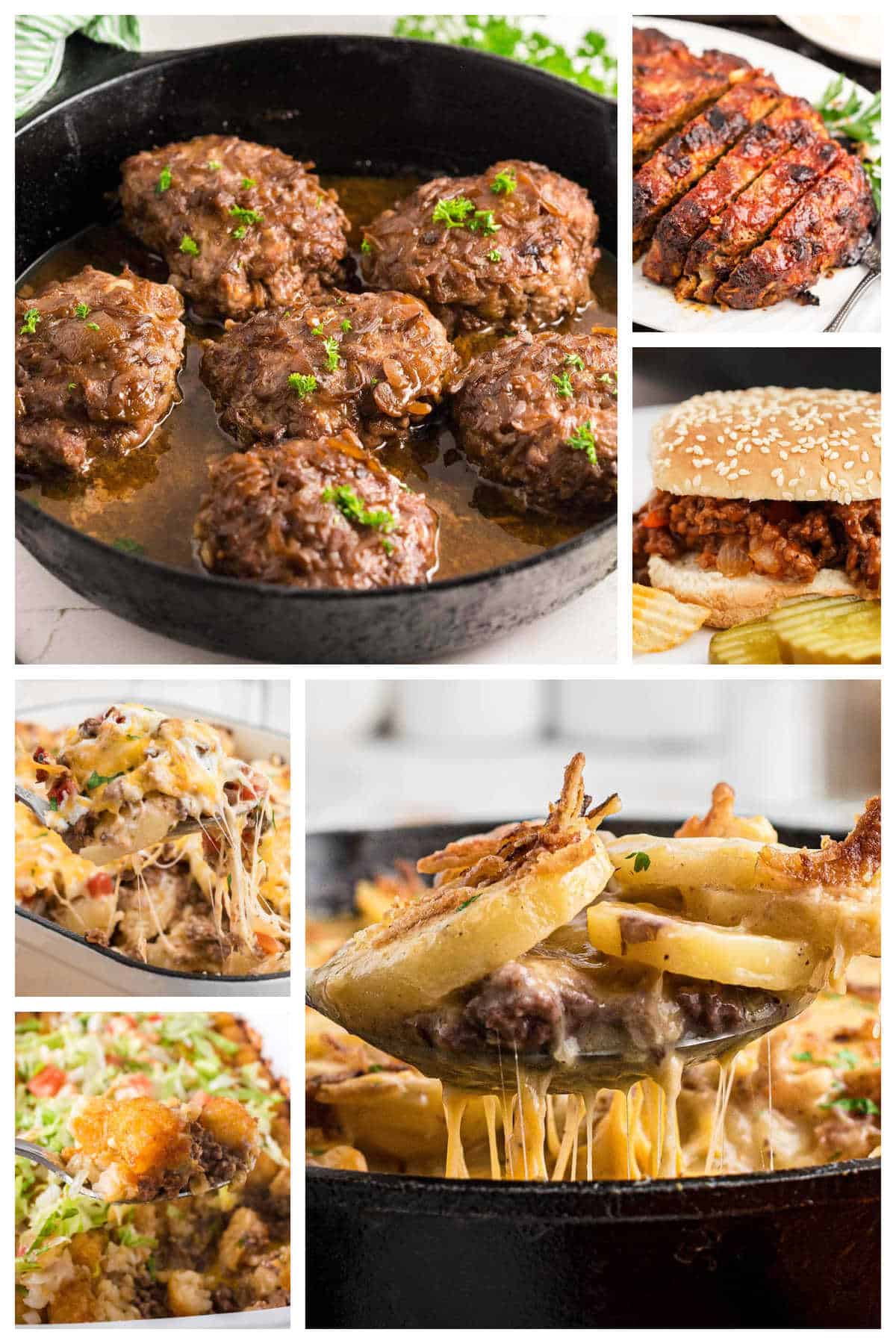 A collage of photos of easy recipes that makes great ground beef freezer meals.