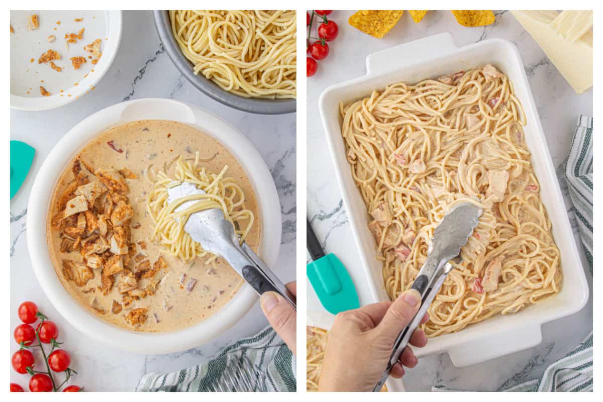 Pasta and chicken being mixed into a sauce and how to transfer to a casserole dish.