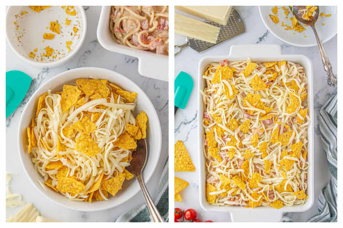 Crushed chips and cheese in a bowl that is then transferred to the top of the baking dish.