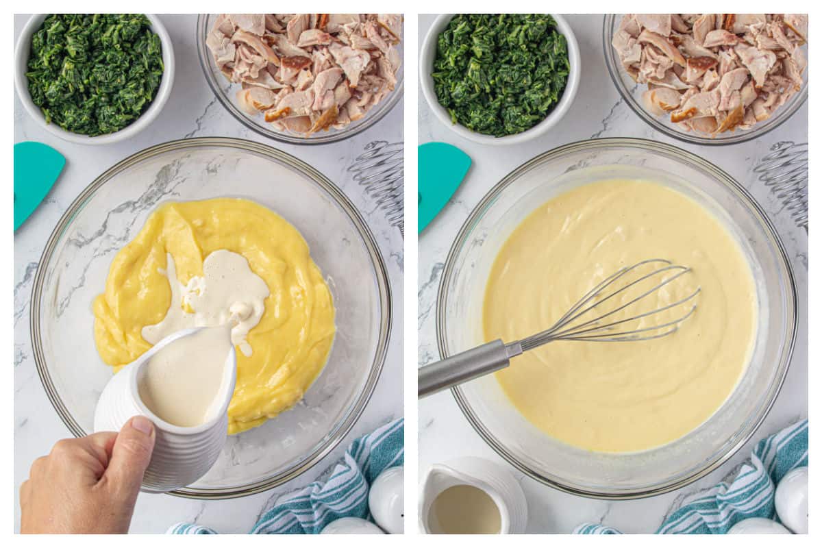 Cream of chicken soup and evaporated milk being mixed together in a mixing bowl.