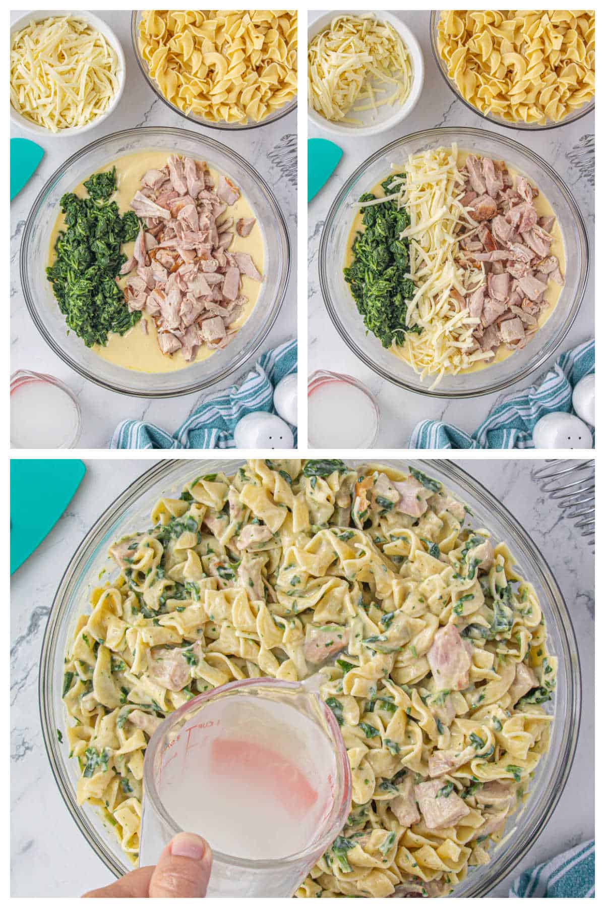 Putting together all of the ingredients for the casserole dish in a large bowl. The sauce is combined with cheese, smoked turkey, spinach and pasta.