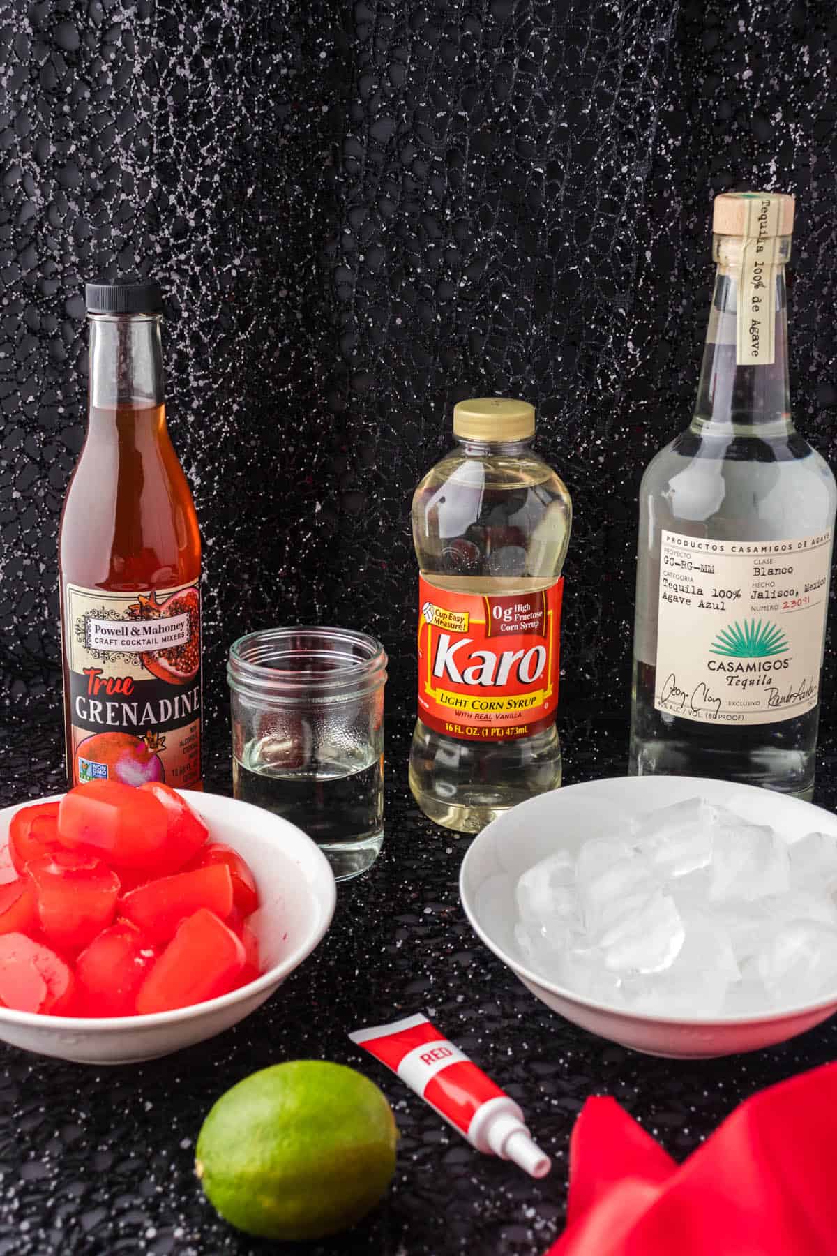 All of the ingredients needed to make the Vampire Cocktail.