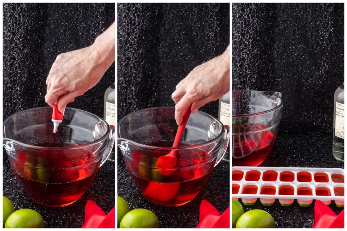 Step-by-step instructions on how to make blood ice cubes.