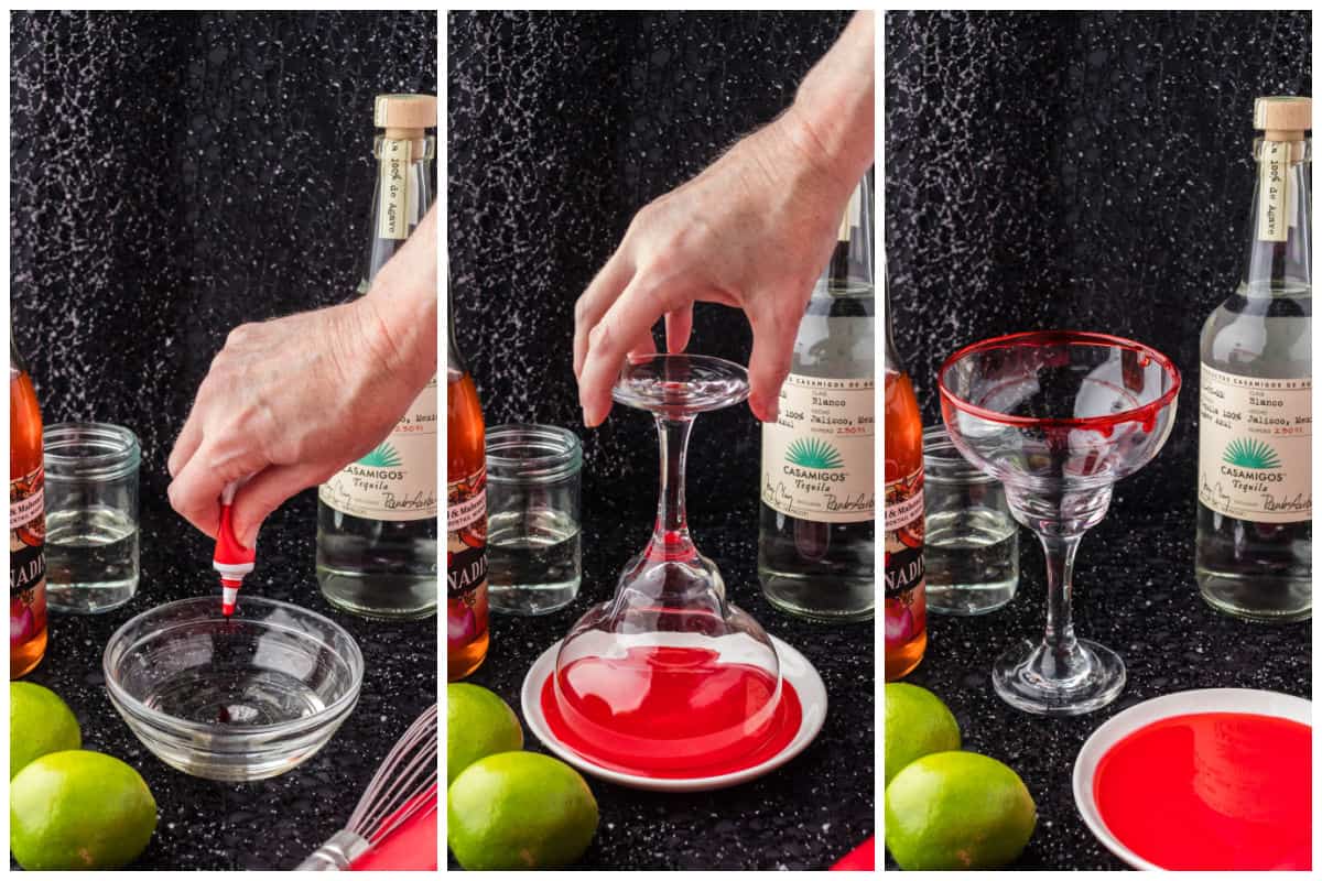 Step by step instructions showing how to garnish the edges of a glass for a Halloween cocktail.