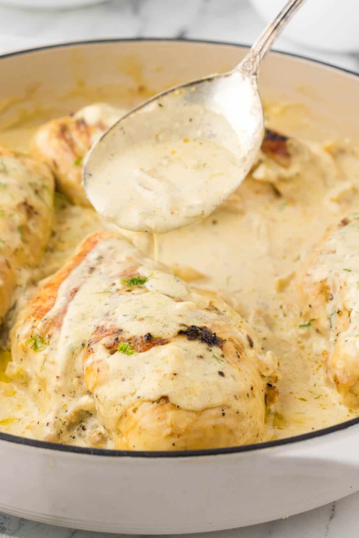 Chicken baked in a creamy white sauce with a spoon ladling gravy over the top of the chicken.