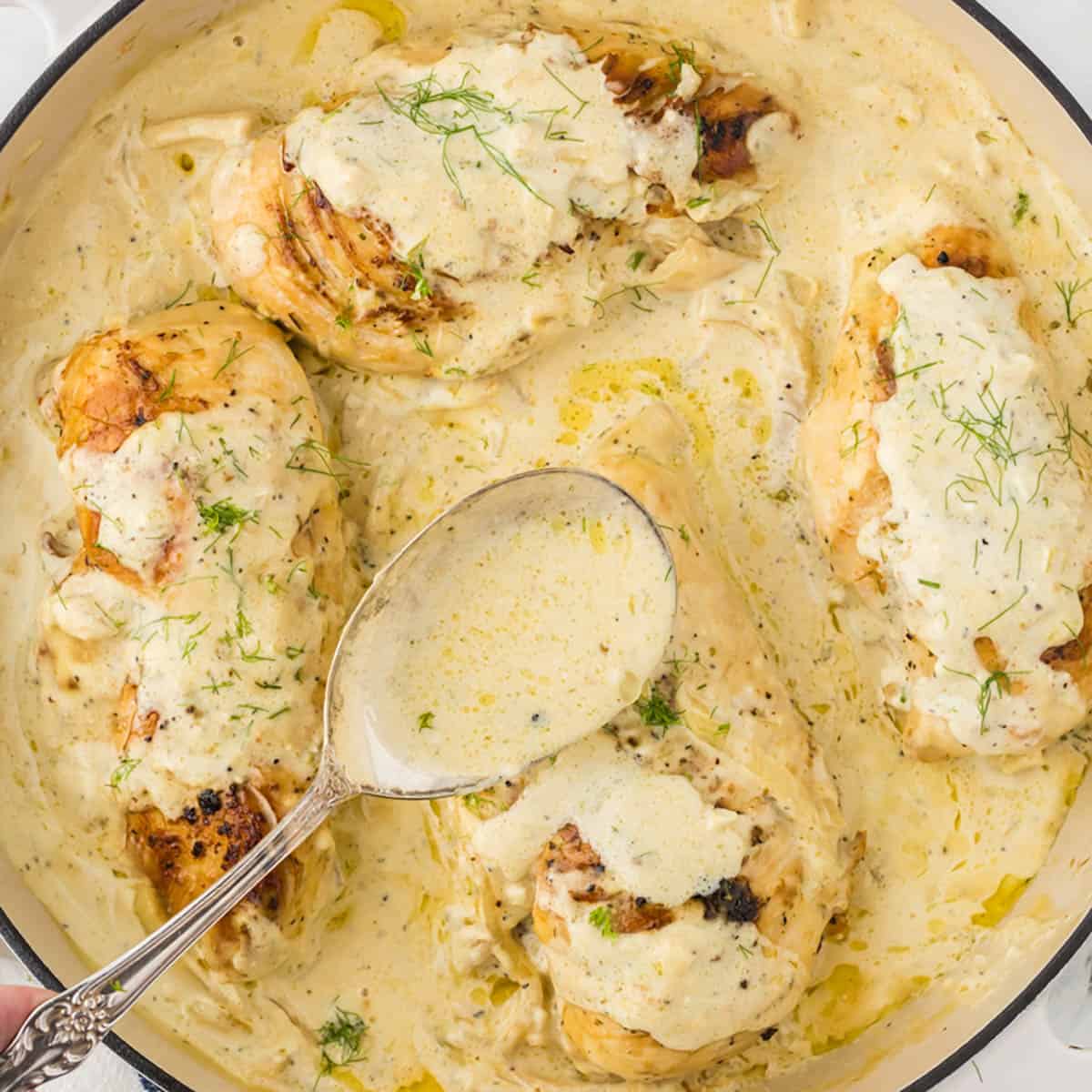 A cast iron skillet with baked chicken in gravy. With a serving spoon.