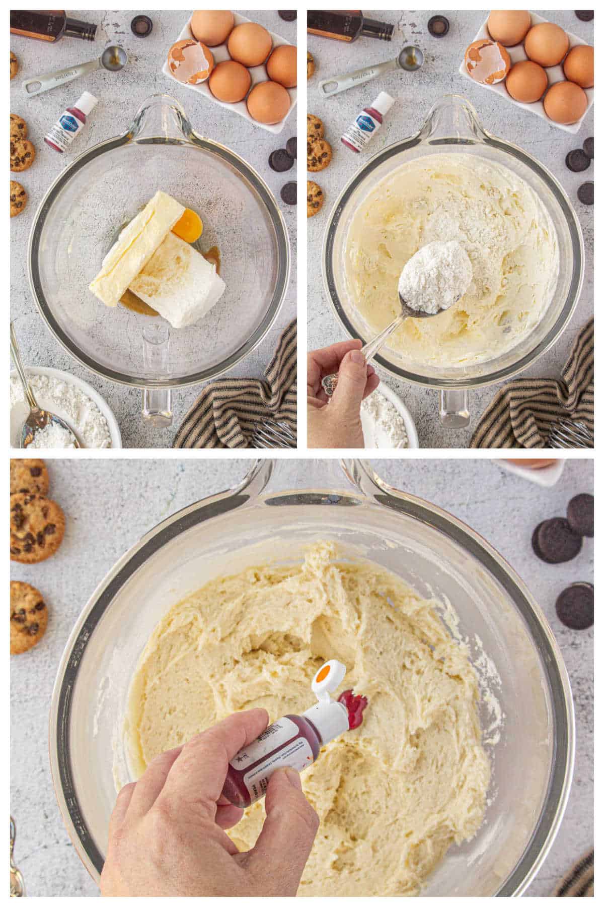 Butter, eggs and cream in a mixing bowl, cake mix added to the cookie dough and then orange food coloring added to the cookie dough.