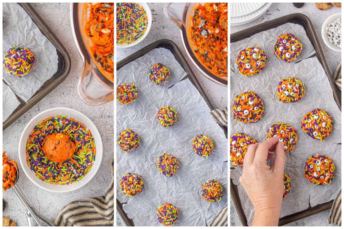 Orange cookie dough rolling in sprinkles and placed on a baking sheet. After baking, candy eyes are pressed into the cookies.