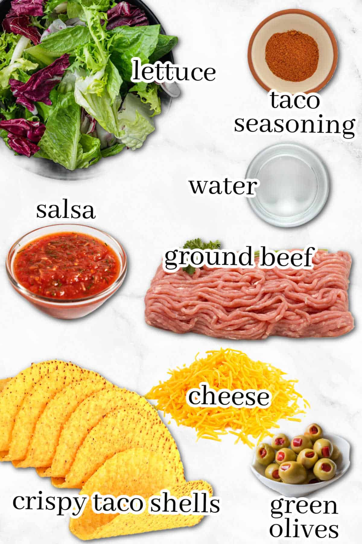 All of the ingredients needed to make the tacos. With print overlay for clarification.