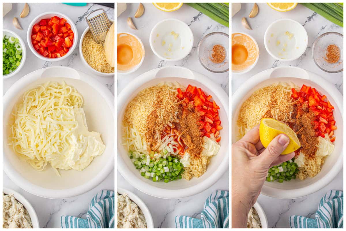 Step-by-step photos of Ingredients being added to a large mixing bowl.