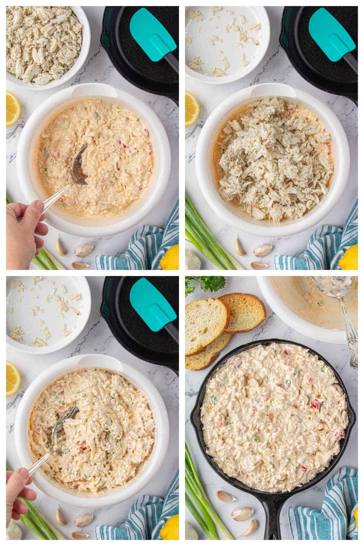 Lump crab meat is stirred into a cheese sauce in a mixing bowl, then spooned into a cast iron skillet.