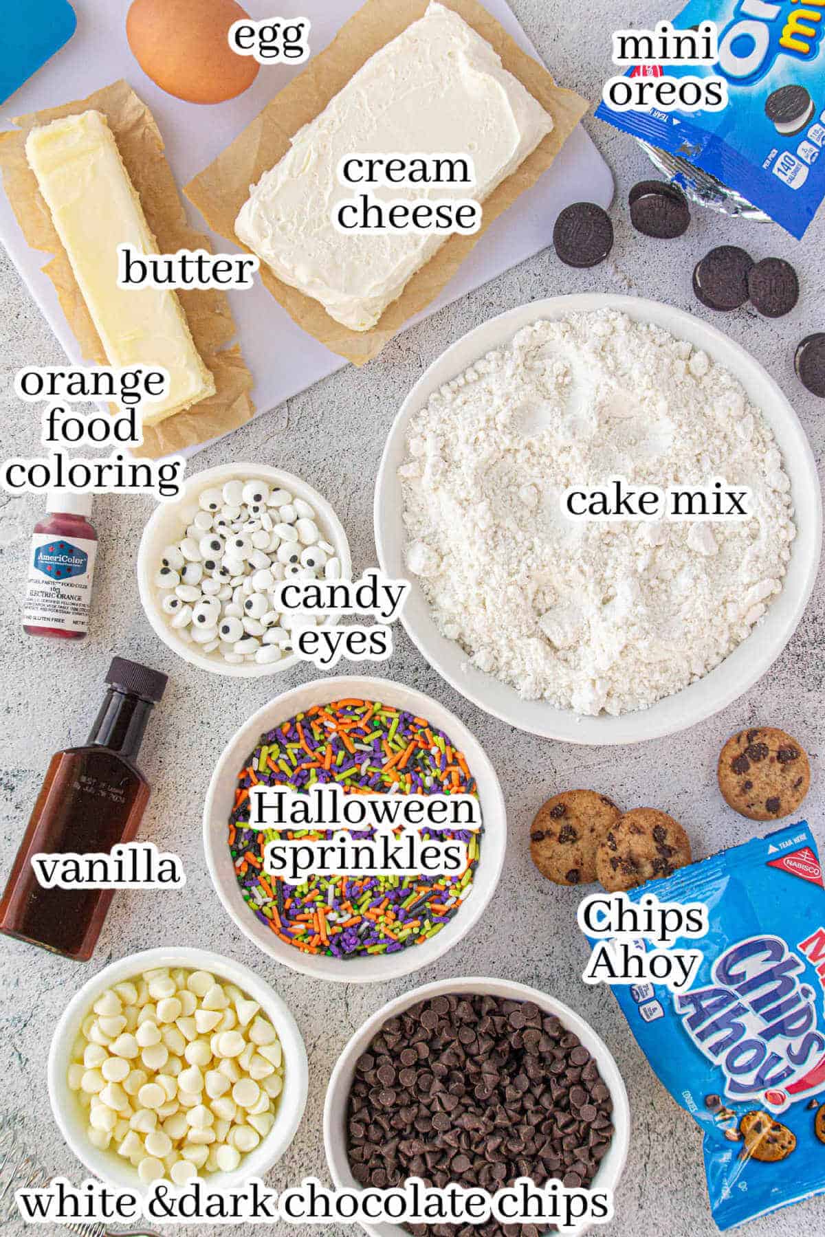 All of the ingredients needed to make the cookie recipe. With print overlay for clarification.