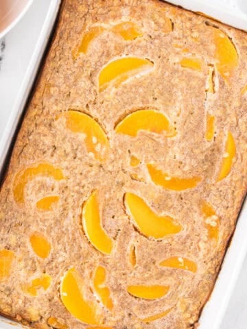 Peach Oatmeal Bake in a casserole dish.